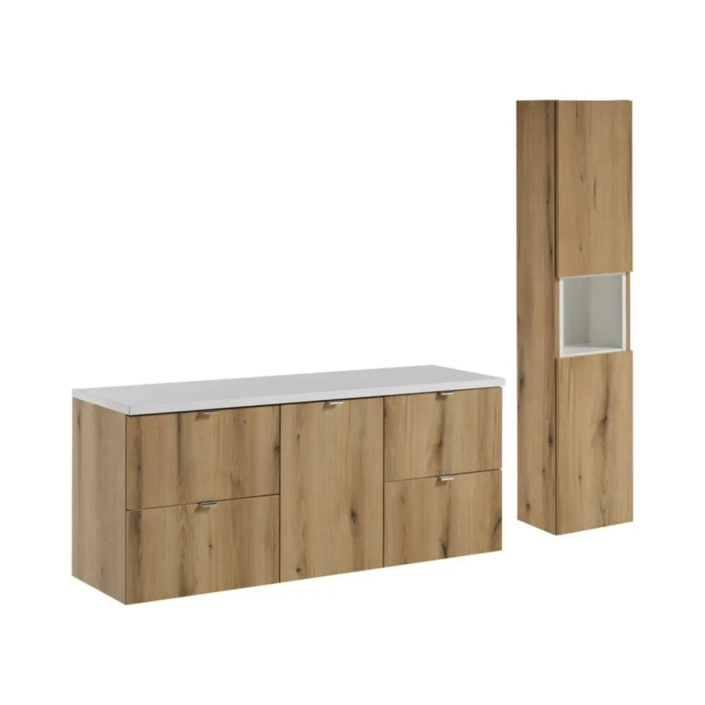 Set VANO aspetto rovere e bianco 170cm: mobile sotto lavabo con cassetti e cesto per la biancheria integrato + piano per lavabo + colonna