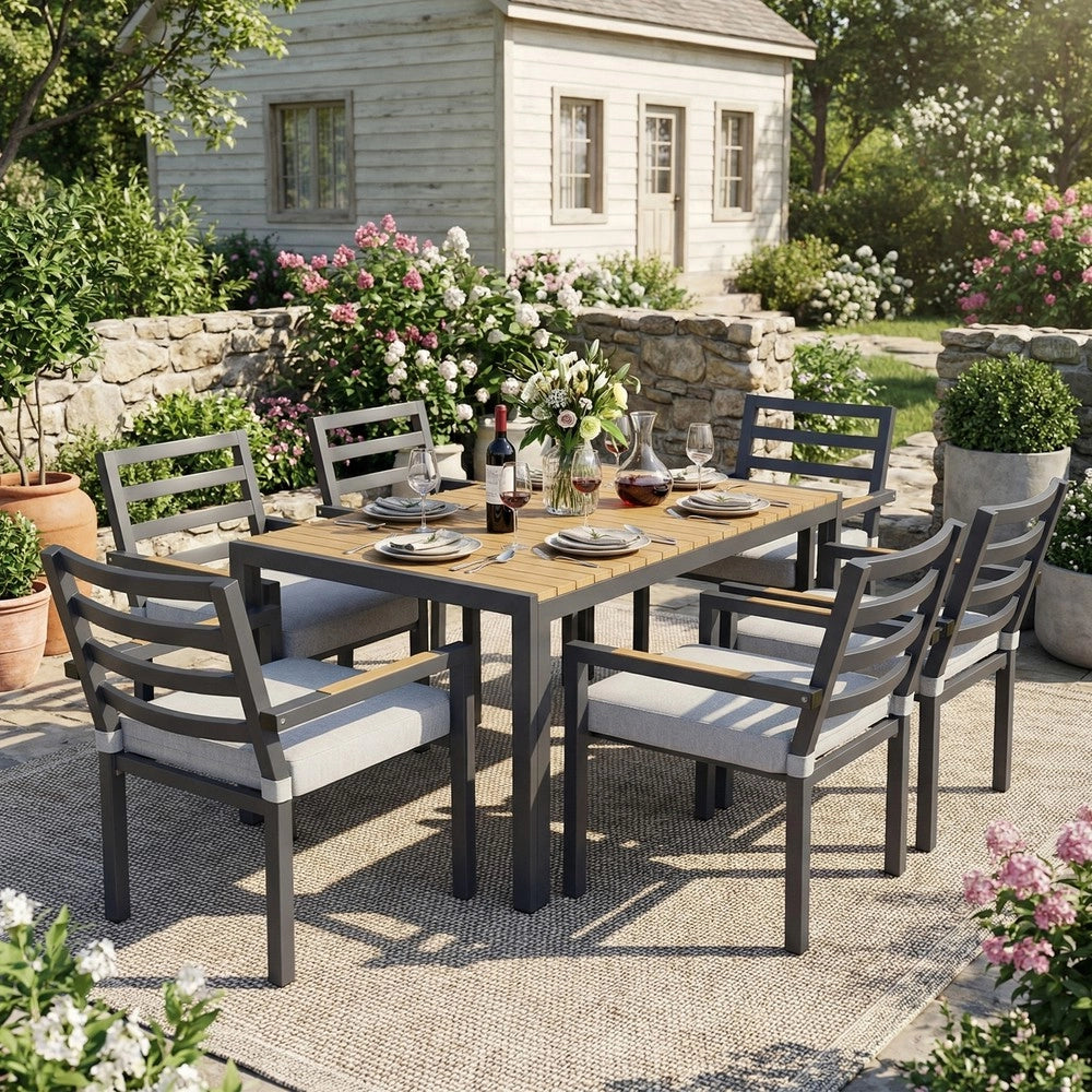 Set da Pranzo da Giardino 6 Posti ¨C Xylo ¨C Tavolo e 6 Sedie, Ferro Zincato, Piano Effetto Legno, Grigio