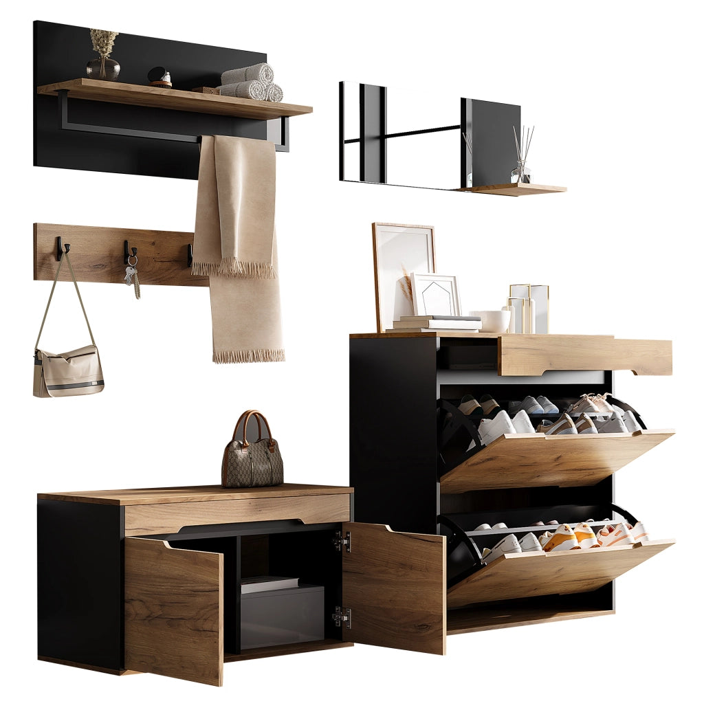 Garderoba ingresso 156x36x176 cm con specchio; ganci e scarpiera regolabile in MDF naturale e nero