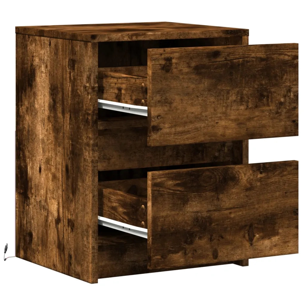 Comodino con Luci LED Rovere Fumo in Legno Multistrato