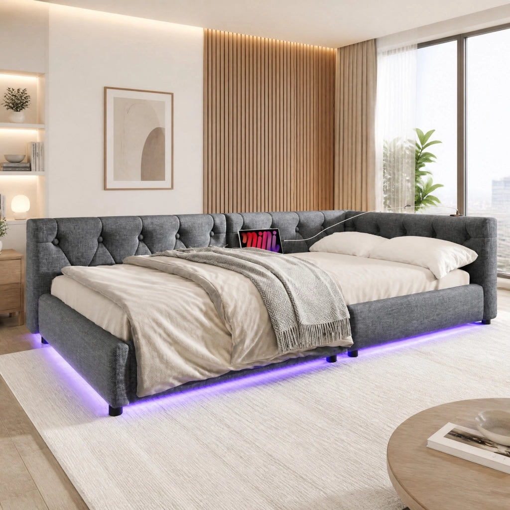 Divano letto giorno 90x200 cm in lino e MDF; grigio; con LED e USB/Type-C