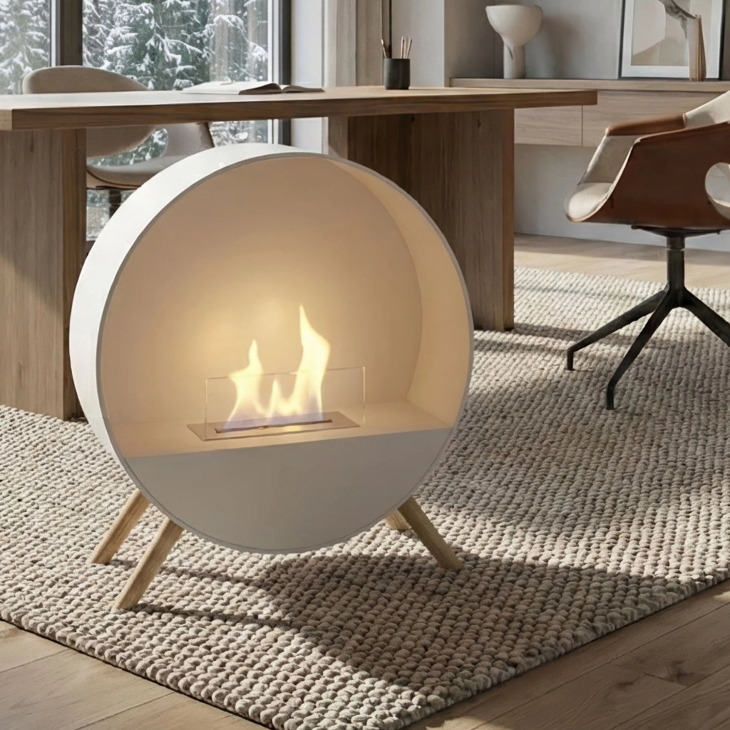 Venere - Camino a Bioetanolo da Pavimento 60x72x30 cm con Bruciatore 1 Litro e Piedi in Legno di Pino Bianco