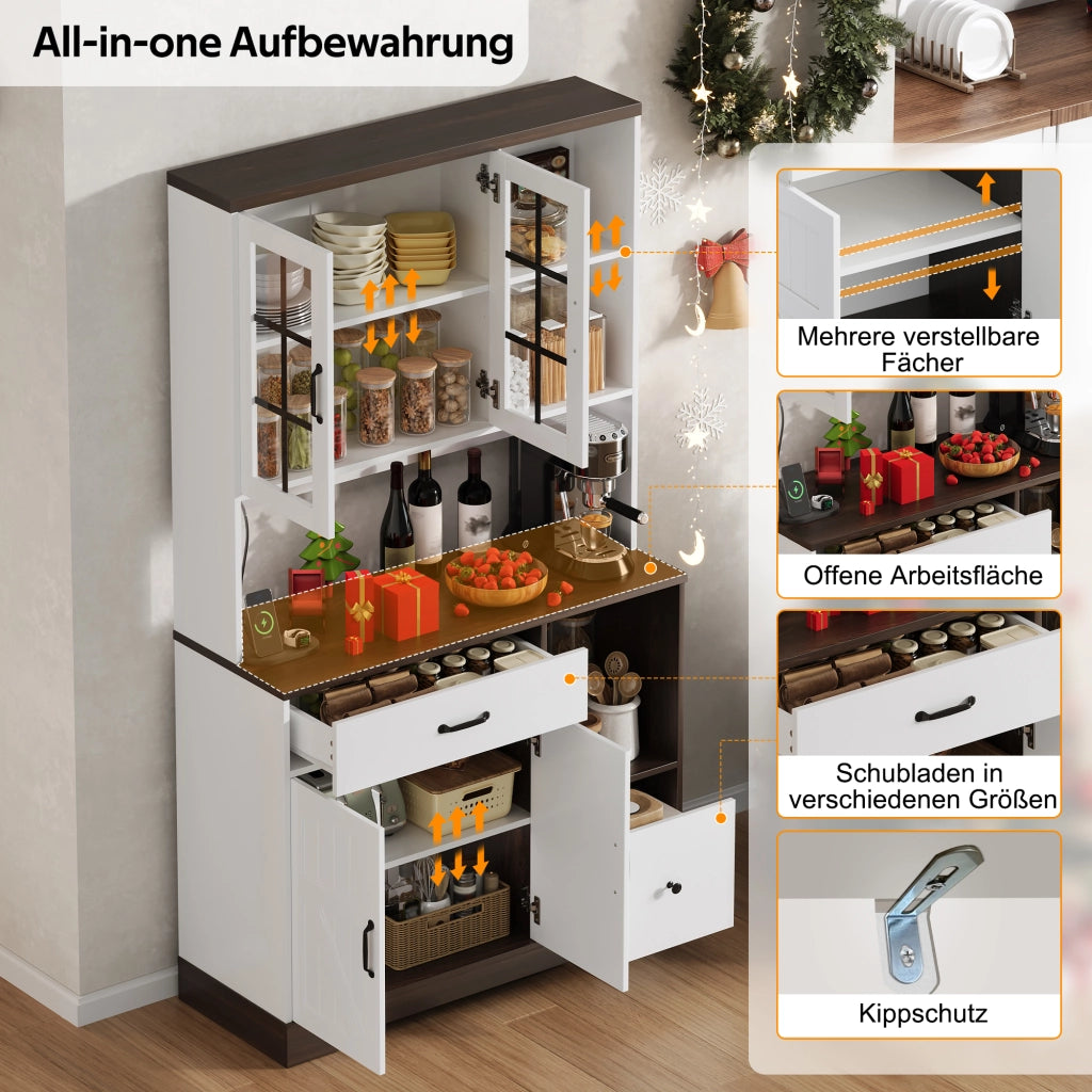 Credenza da cucina con ante in vetro; ripiani regolabili; LED multicolore e prese integrate 105 × 40 × 185 cm