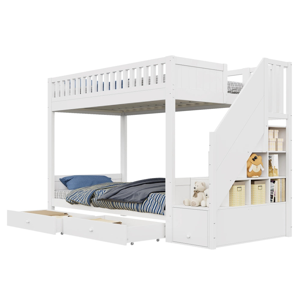 Letto a Castello 90x200 cm; 2 Posti - con Scala Contenitore; 2 Cassetti e Sponda - Bianco