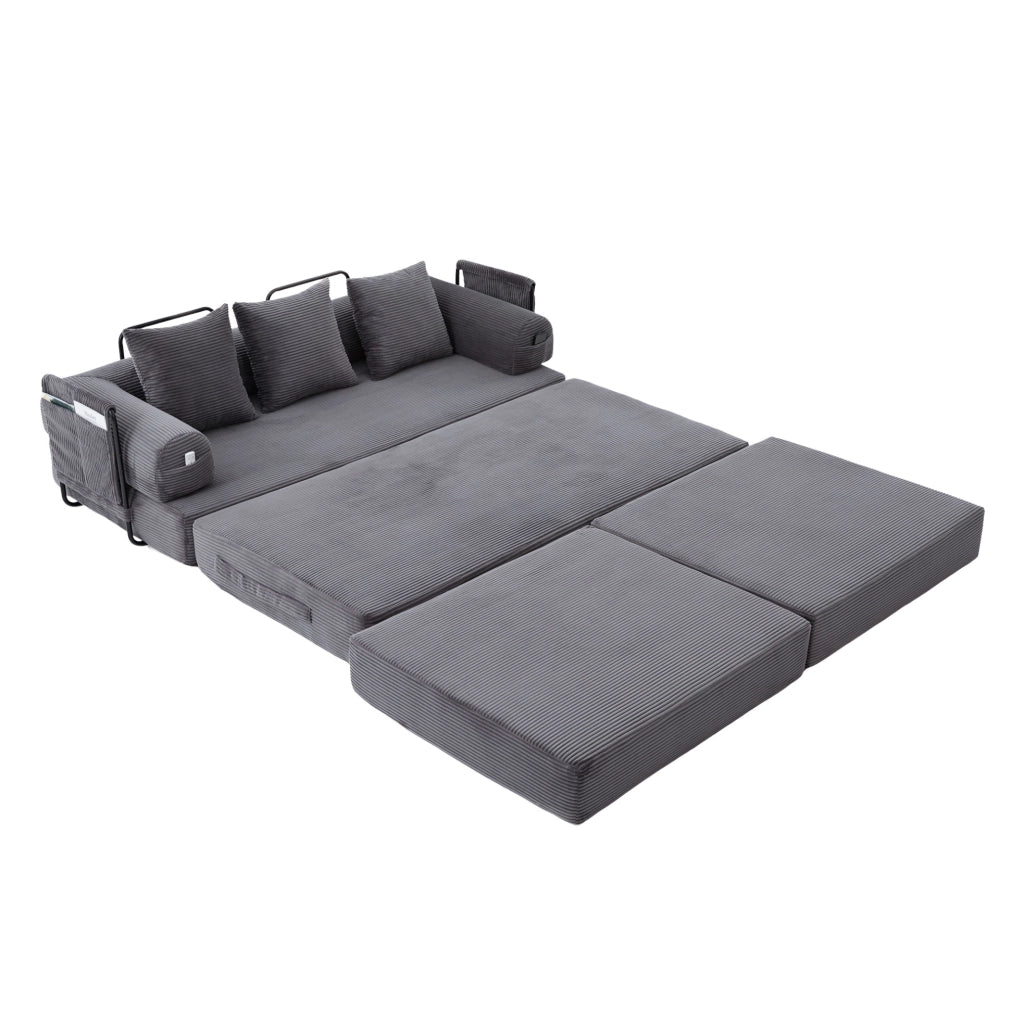 Divano modulare in velluto a coste con pouf grigio scuro