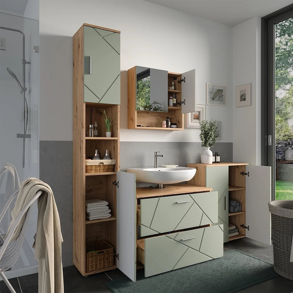 Set di mobili da bagno Irma, Verde salvia, 80 cm, composto da mobile lavabo, pensile a specchio, colonna e base media