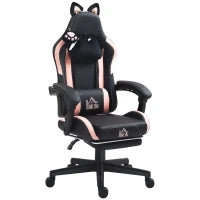 Sedia da Gaming Reclinabile con Poggiapiedi e Cuscini, in Finta Pelle e Spugna, 65x62x116-124 cm, Rosa e Nero