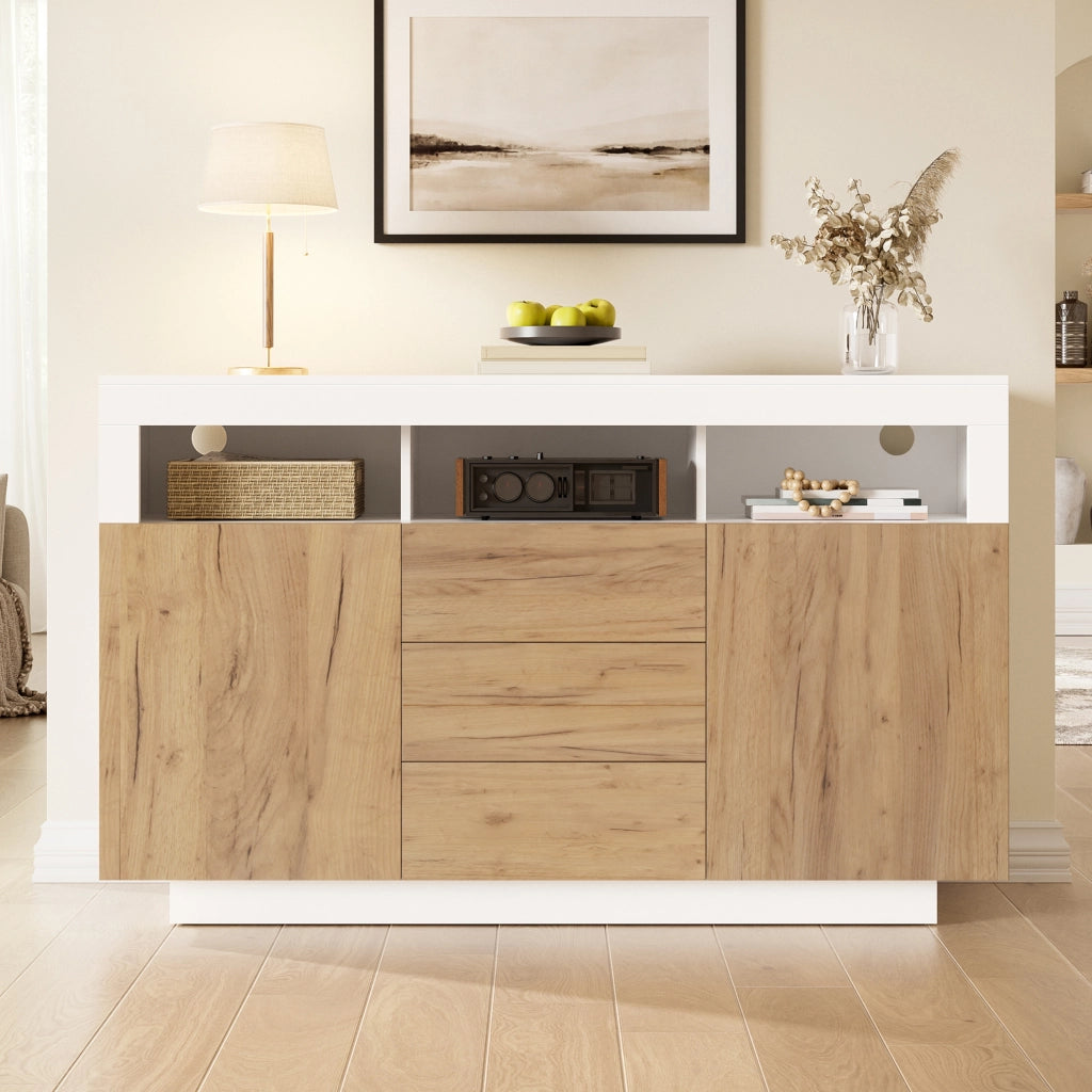 Credenza moderna con 3 cassetti, 2 ante e 3 ripiani aperti, colore bianco e naturale, 140 ¡Á 40 ¡Á 85 cm