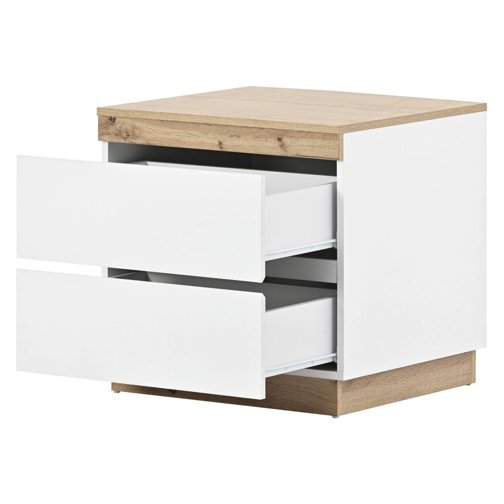 Comodino classico con 2 cassetti, finitura bianco e rovere, in truciolare E1, per camera da letto