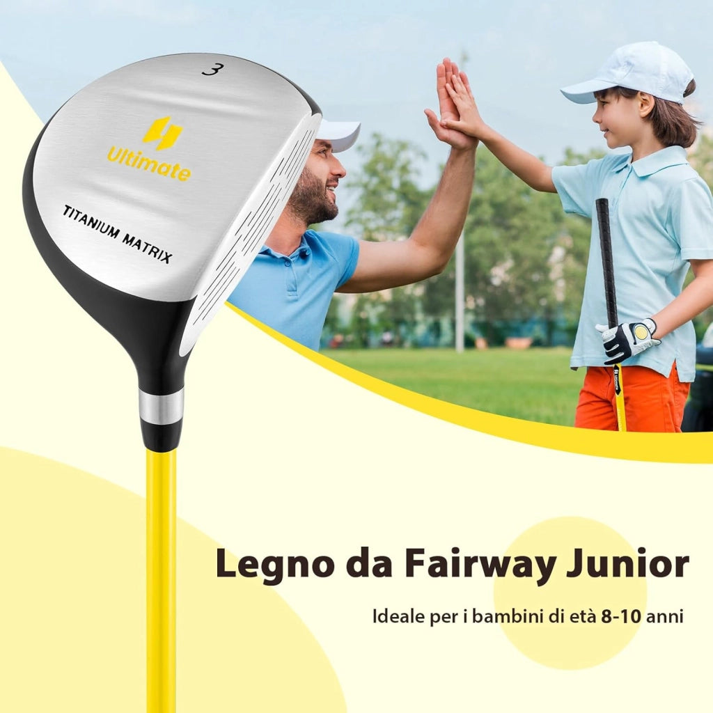 165CC Legno da Fairway Junior #3 per Bambini, Mazza da Golf Individuale per Ragazzi e Ragazze con Asta in Fibra di Vetro e Copritesta, Mano Destra, 34 Pollici, Età 8-10