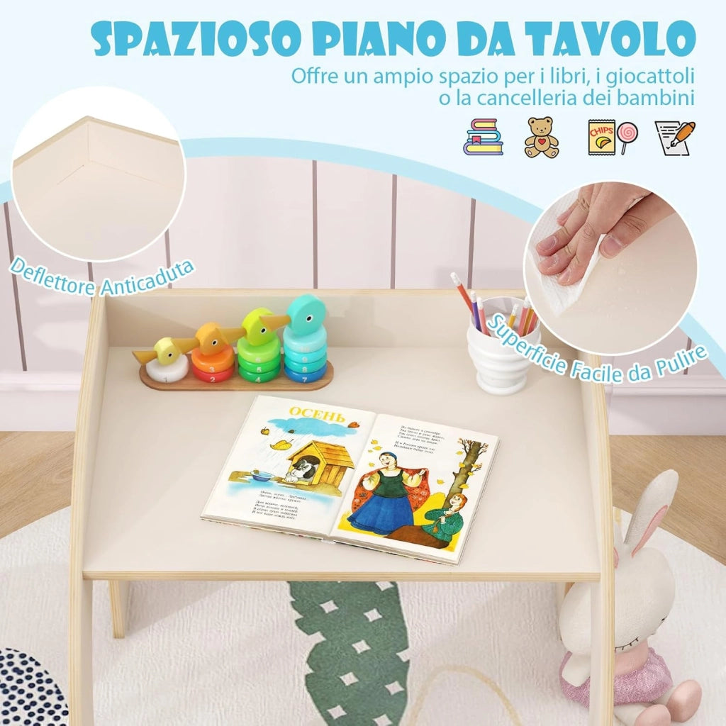 Set Tavolo e Sedie per Bambini 3+ Anni, Tavolino Legno con Sedie per Cameretta con Bordo Curvato e Ampio Piano, Mobile Salvaspazio per Camera da Letto, Soggiorno e Asilo (Bianco)