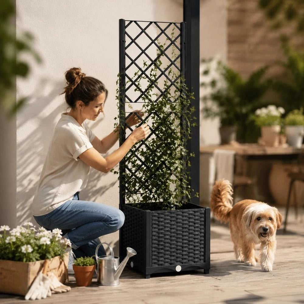 Garden Planter With Trellis Black 40 X 40 X 136 Cm PP