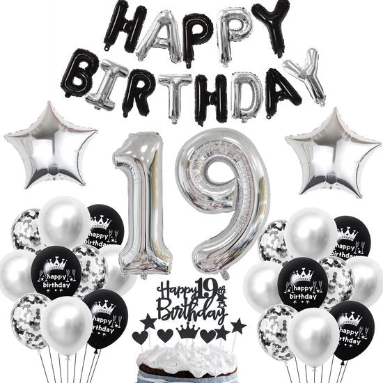 Decorazione di compleanno 19 anni - palloni di carta da 81 "19" - decorazione di torta - bandiera "Happy Birthday" - palloni di lattice - palloni argentati - palloni di poliestere - decorazione di festa