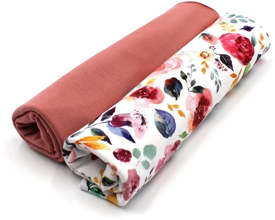 Set di stoffa jersey, disegno a colori coordinati + a quadri, ogni 0,5 m x 1,5 m, 95% cotone, 5% elastan, Tex Standard 100 (set fiore bianco + mauve 49)