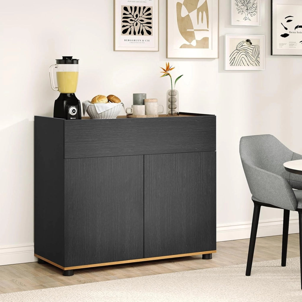 Credenza da cucina, mobile ausiliario con 1 grande cassetto e 2 ante, piano con bordo rialzato, apertura a pressione, 80 x 35 x 70 cm, armadio portaoggetti per ingresso, soggiorno
