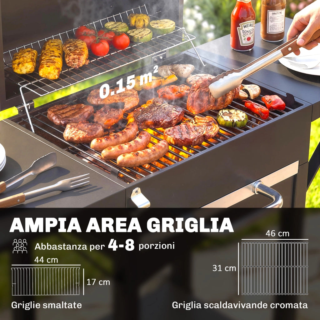 Barbecue a Carbone con 2 Ripiani Laterali, Termometro, Coperchio e Ruote, 110x46.5x101 cm, Nero