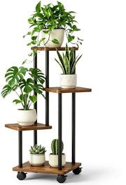 Pianta in Piedistallo 4 Livelli - Supporto per Piante con Ruote - Supporto per Piante Interno/Esterno - Costruzione in Metallo/Legno Robusta - Utilizzo Multifunzionale - Struttura di Costruzione Rinforzata
