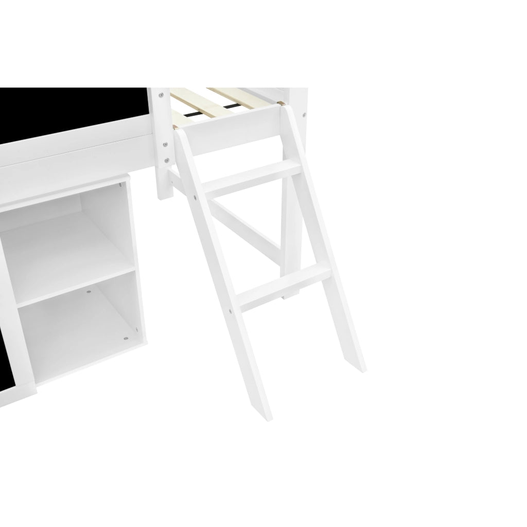 Letto a soppalco 90 × 200 cm con armadio a due ante; lavagna e scala inclinata a due gradini in legno e MDF