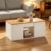 Tavolino basso sollevabile con 2 ante e 6 vani, per soggiorno, in pannello truciolare, bianco e naturale 46 × 95 × 45 cm