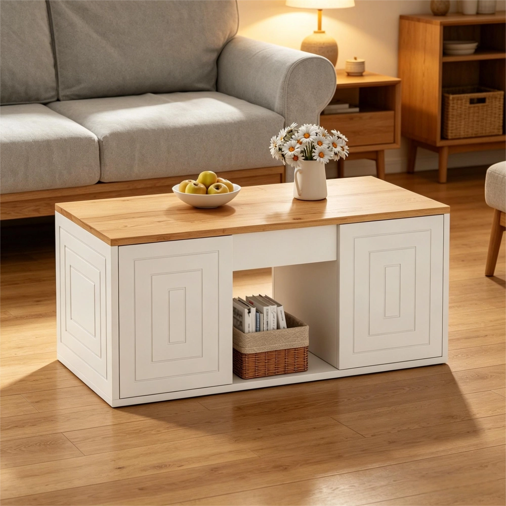 Tavolino basso sollevabile con 2 ante e 6 vani, per soggiorno, in pannello truciolare, bianco e naturale 46 × 95 × 45 cm