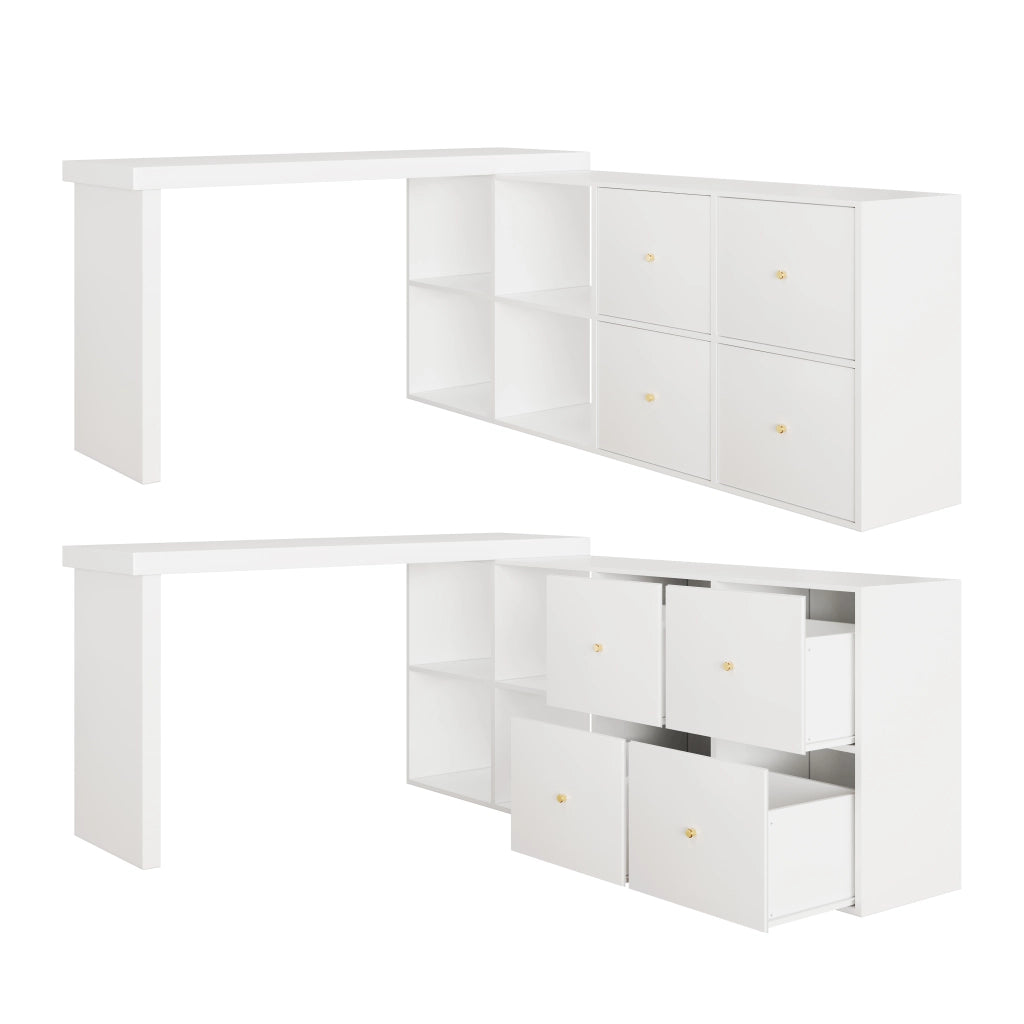 Scrivania angolare girevole 360° in MDF bianco con 4 vani, 4 cassetti, struttura 4 cm, 120×48×78 cm + 140×35×74 cm