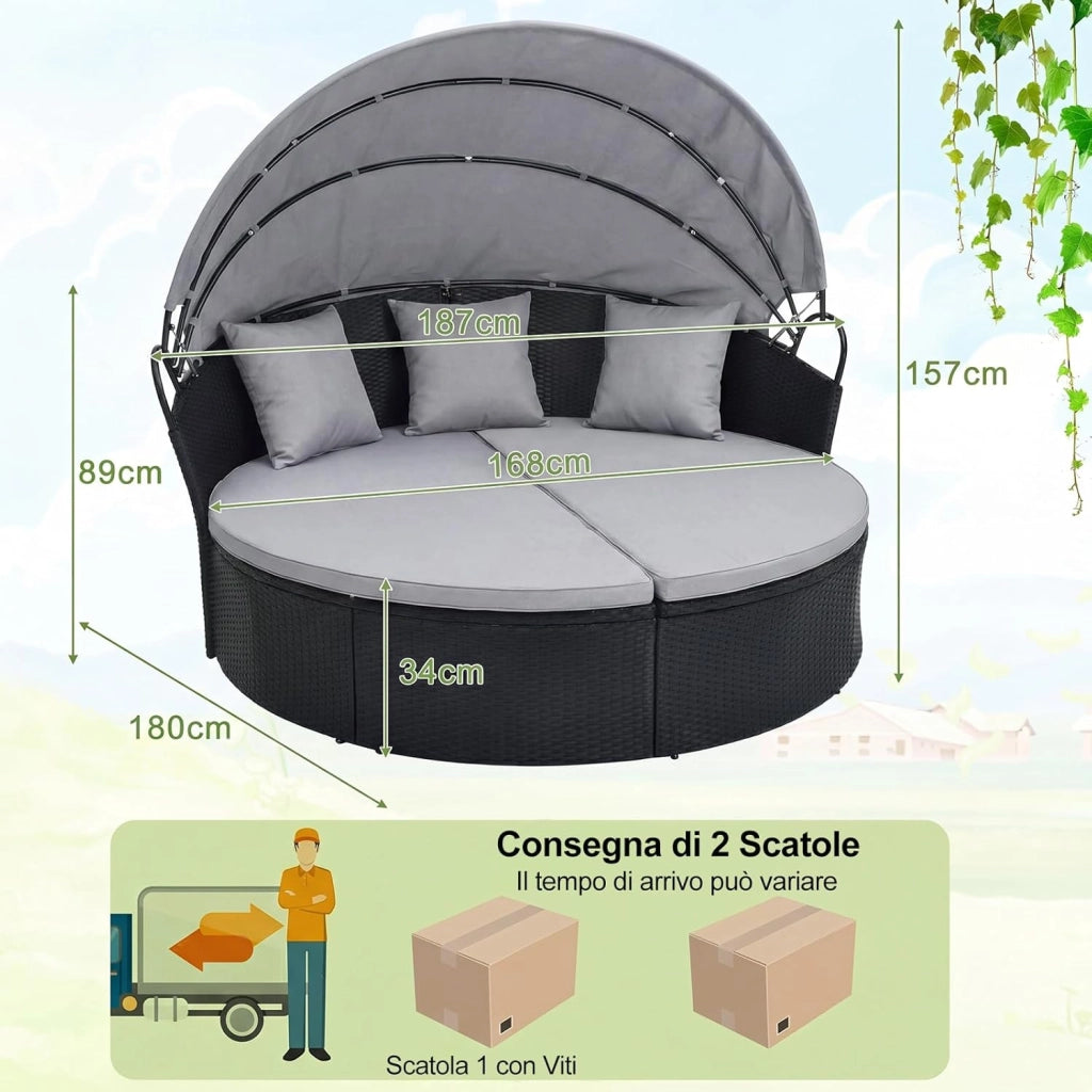 2 in 1 Isola Prendisole da Giardino per 2 Persone, Lettino Prendisole in Rattan con Tettuccio Retrattile, Divanetto Letto da Esterno con Cuscini per Terrazzo Balcone, 187x180x157 cm (Grigio)
