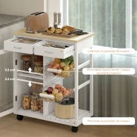 Carrello da Cucina in Bambù con 2 Cassetti, Armadietto, Ripiano e 2 Cestini in Acciaio, 67x35x80 cm, Bianco