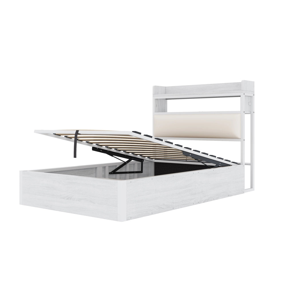 OKWISH Letto Contenitore 90×200 cm, Letto Singolo con Sollevamento Idraulico, USB e Testiera Imbottita, senza Materasso, Bianco