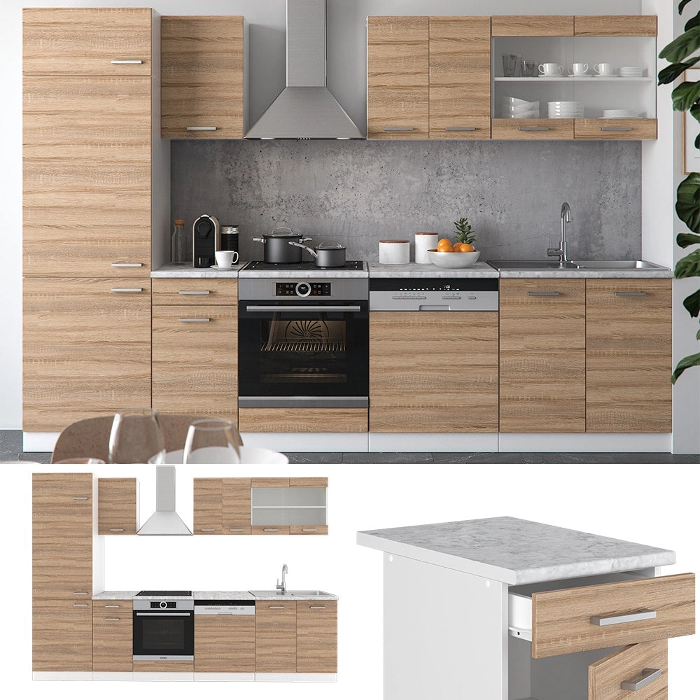 Cucina componibile R-Line Sonoma/Bianco 300 cm, PL Marmo Vicco