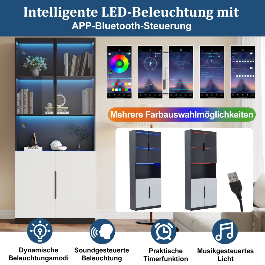 Vetrina con led e ante in vetro, vano aperto e ripiano regolabile, per soggiorno, 160 × 30 × 200 cm