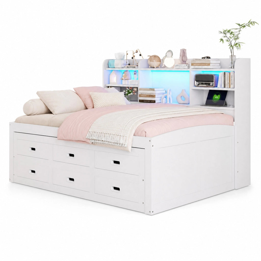 Letto daybed estraibile 90x200 cm con LED; 3 cassetti; USB e Type-C; bianco