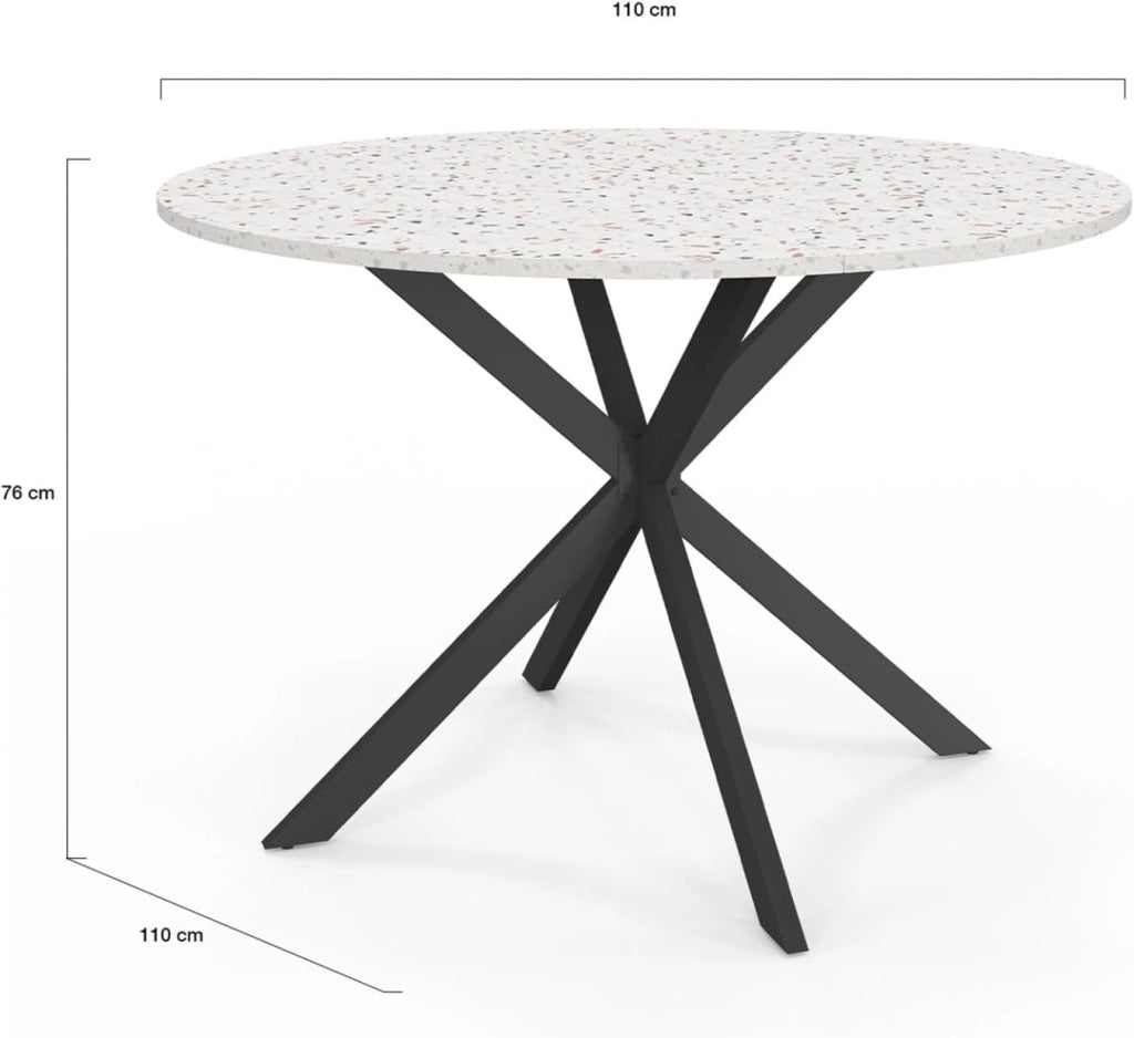 ALIX Tavolo da pranzo rotondo per 6 persone con gamba a ragno nera e piano effetto terrazzo SIMONE 110 cm
