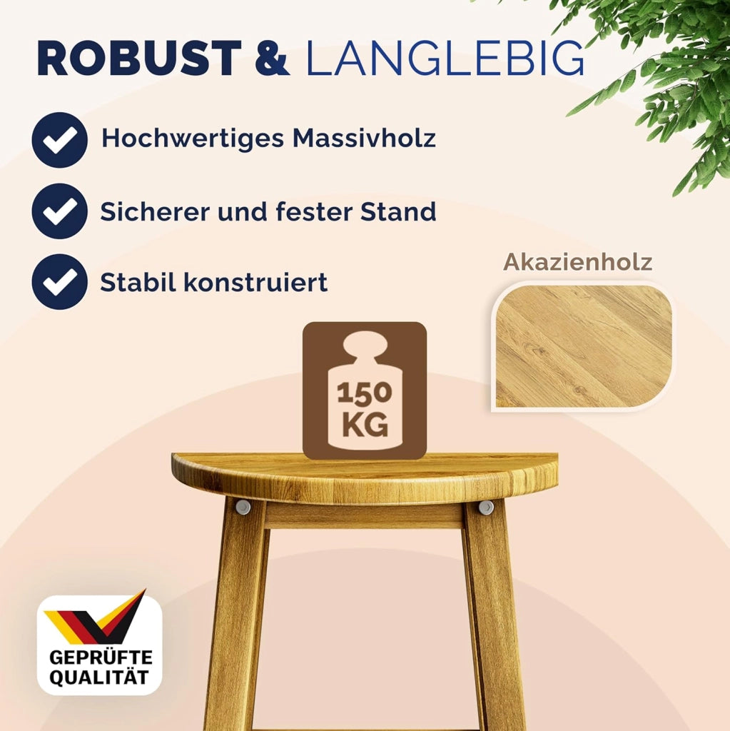 ® Set di 2 Sgabelli da Bar in Legno D'acacia Altezza 75cm Design Rustico Sedia da Cucina Sgabello Tondo Bancone Poggiapiedi