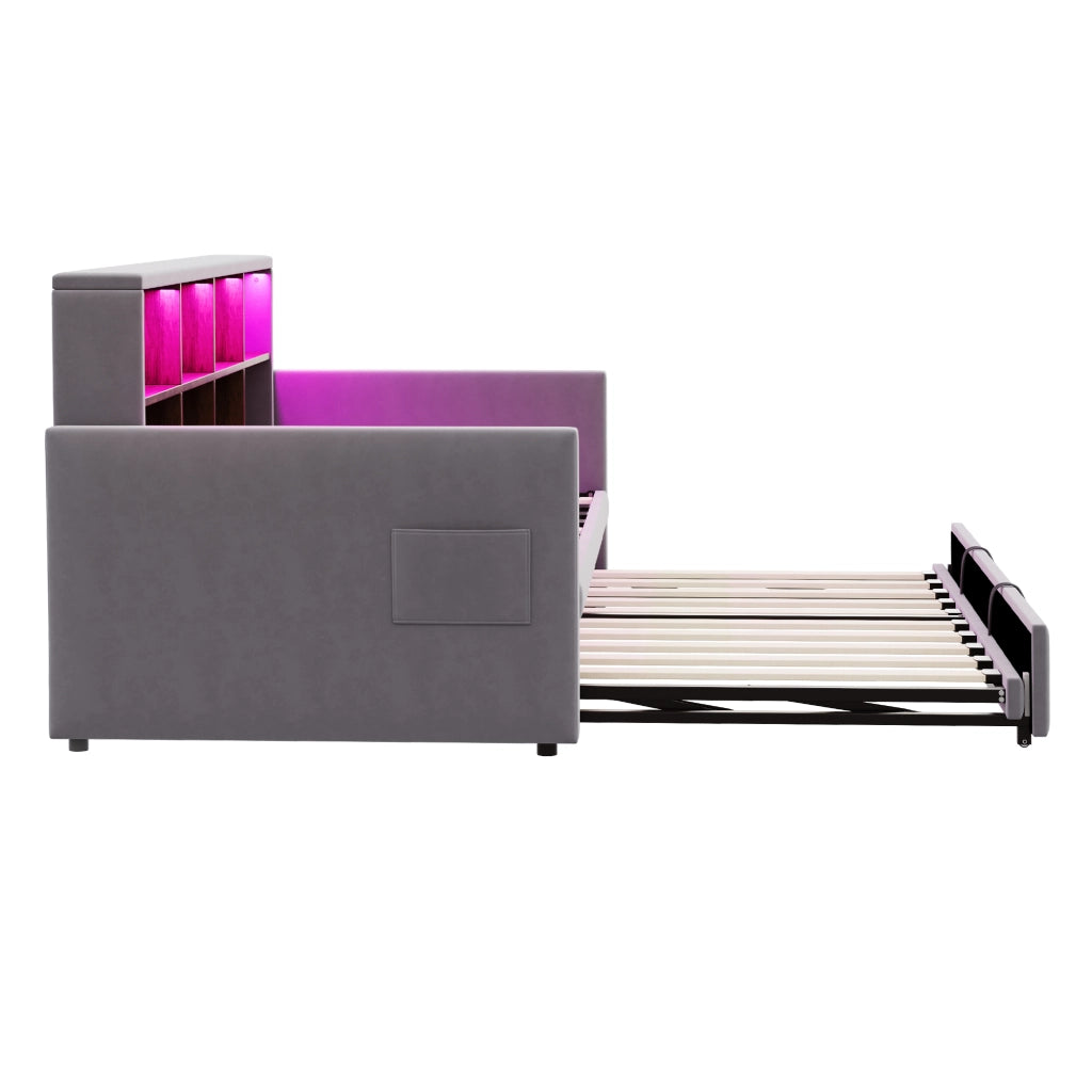 LETTO Divano imbottito 90x190 cm in velluto grigio con testiera portaoggetti