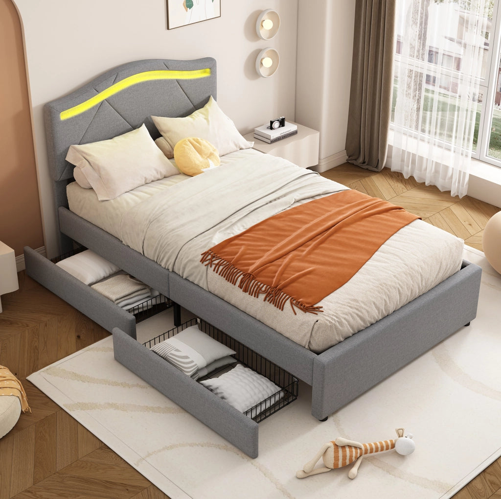 Letto imbottito 90x200 cm con LED; cassetti e testiera regolabile in lino grigio