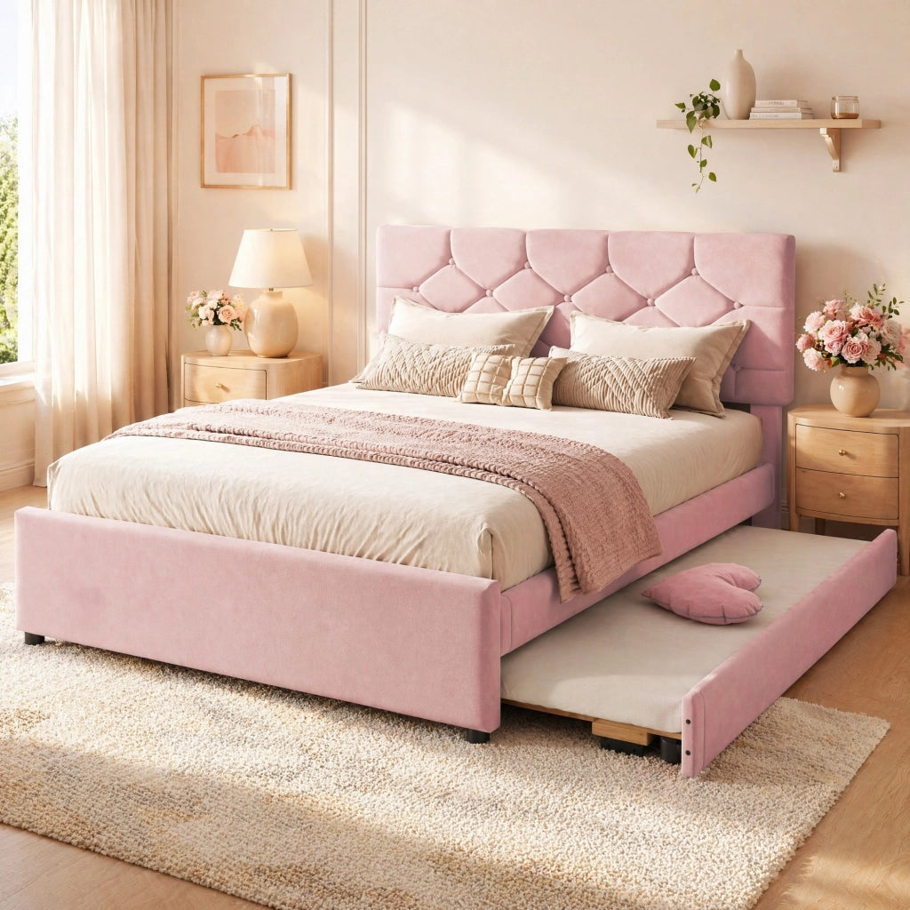 LETTO 140x200 cm in velluto rosa con letto estraibile