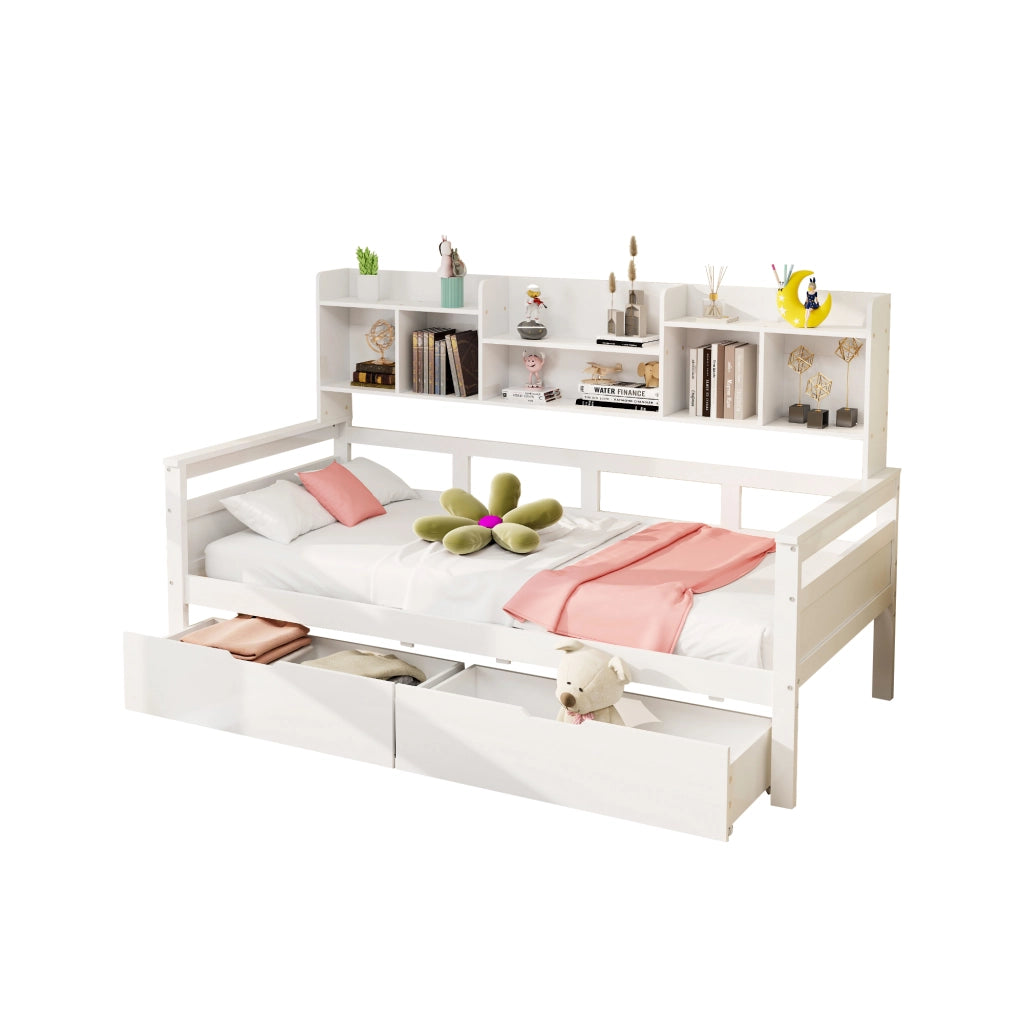 OKWISH Letto a Divano 90×200 cm, Letto Singolo con 2 Cassetti, Mensole e Scomparti, senza Materasso, in Legno, Bianco