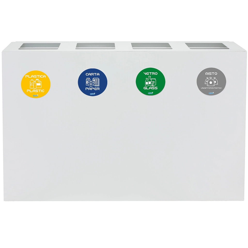 Pattumiera per Raccolta Differenziata 4 Scomparti 240 L 120x30x80 cm in Acciaio Verniciato Bianco