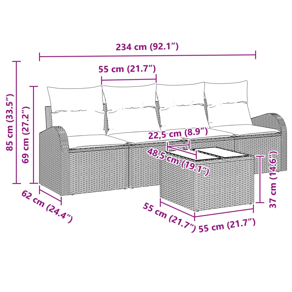Set di Divani da Giardino da 5 Pezzi con Cuscini Beige in Polirattan