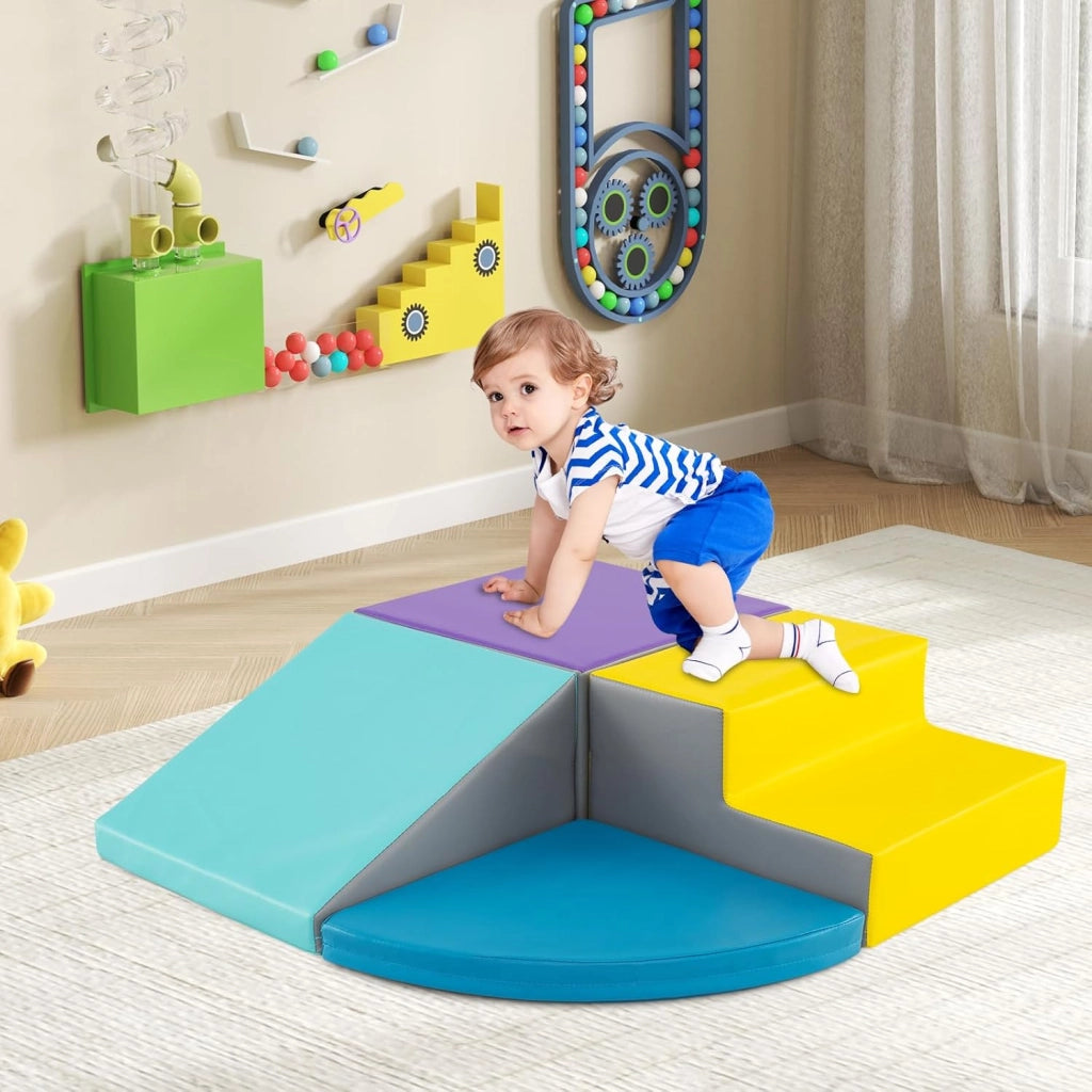 Set di Blocchi in Schiuma per Bambini 4 Pezzi, Set di Costruzioni Morbide in PU + EPE per Sviluppo dei Bambini, Gioco Attivo Interno per Arrampicarsi e Gattonare (Blu)