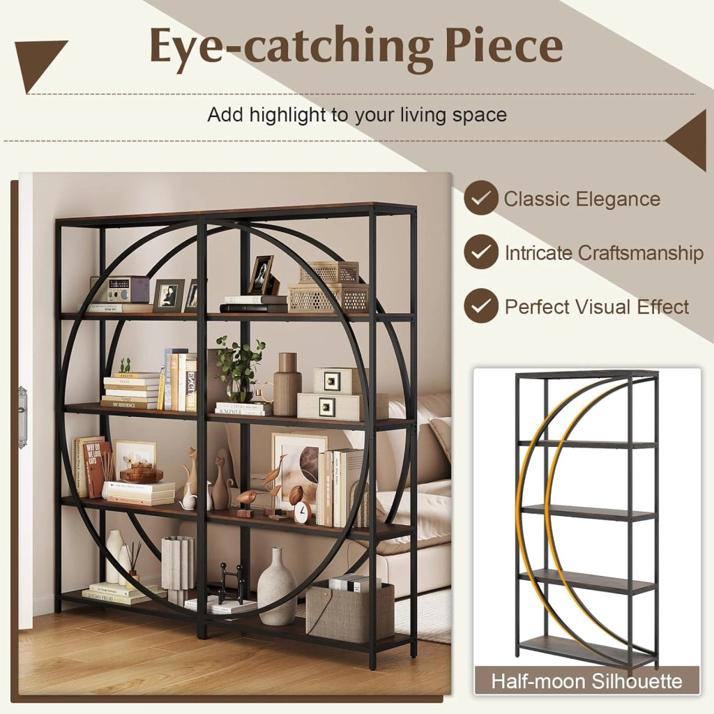 Libreria a 5 piani autoportante con 5 ripiani aperti, scaffale da esposizione industriale con design a mezzaluna per casa e ufficio, 86 x 30 x 175 cm (marrone)