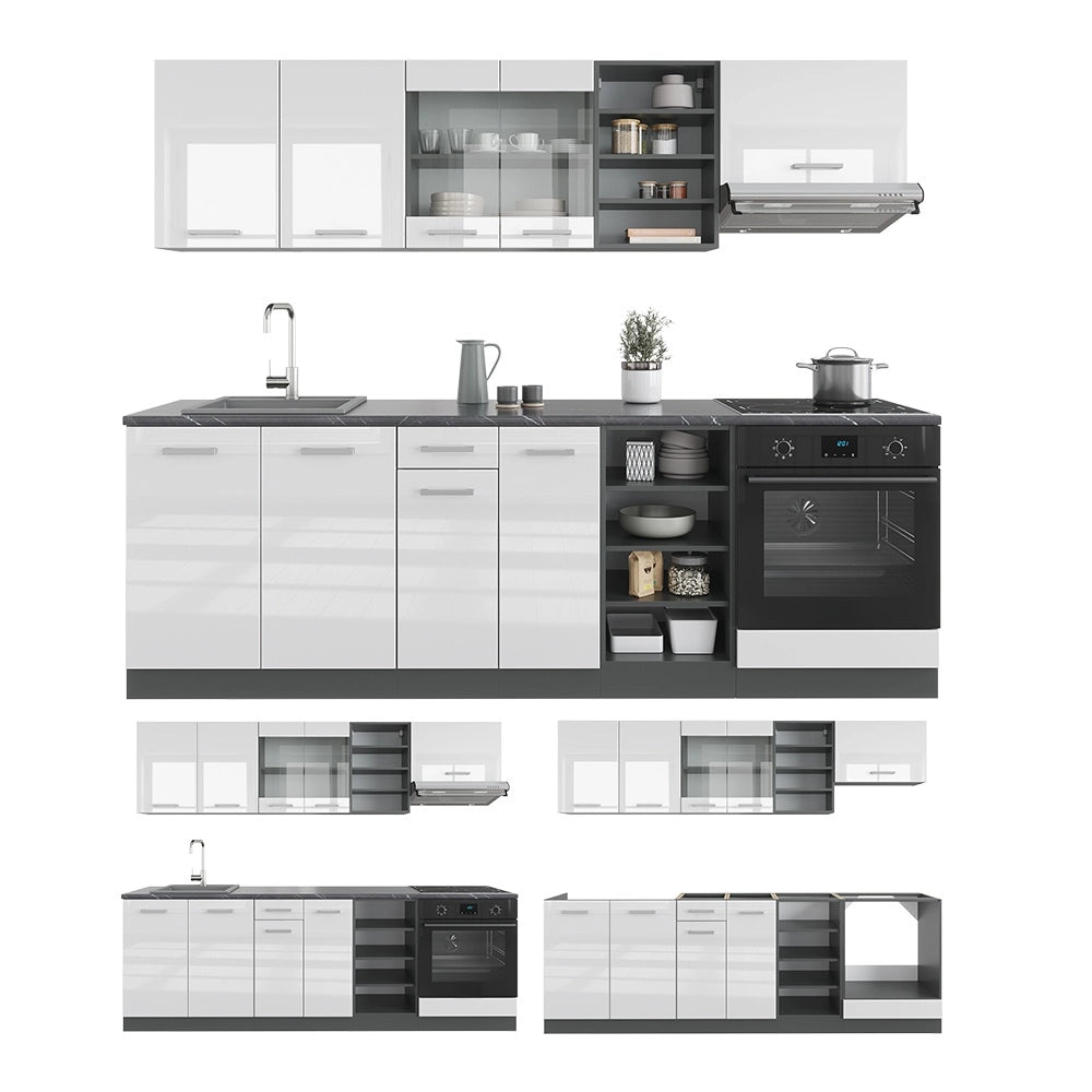 Cucina componibile R-Line Bianco lucido/Antracite 240 cm senza piano di lavoro Vicco