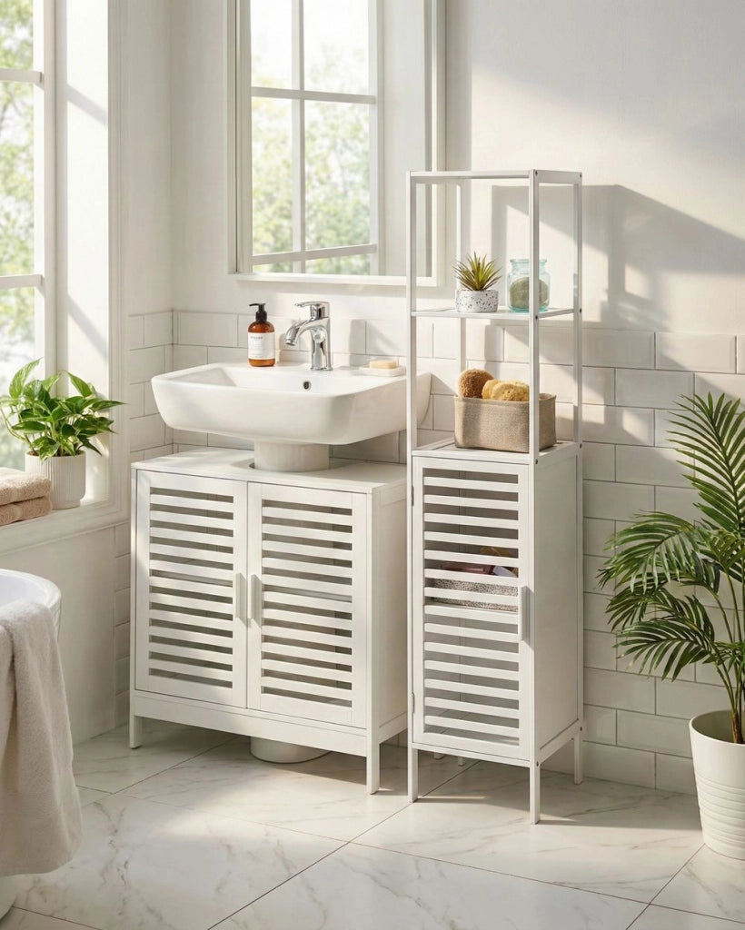Armadietto da bagno minimalista in bambù con ripiani e porta in bianco stile Minimalista