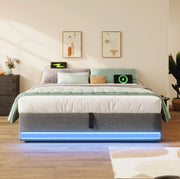 Letto matrimoniale imbottito 140x200 cm in lino grigio con LED; USB e contenitore idraulico