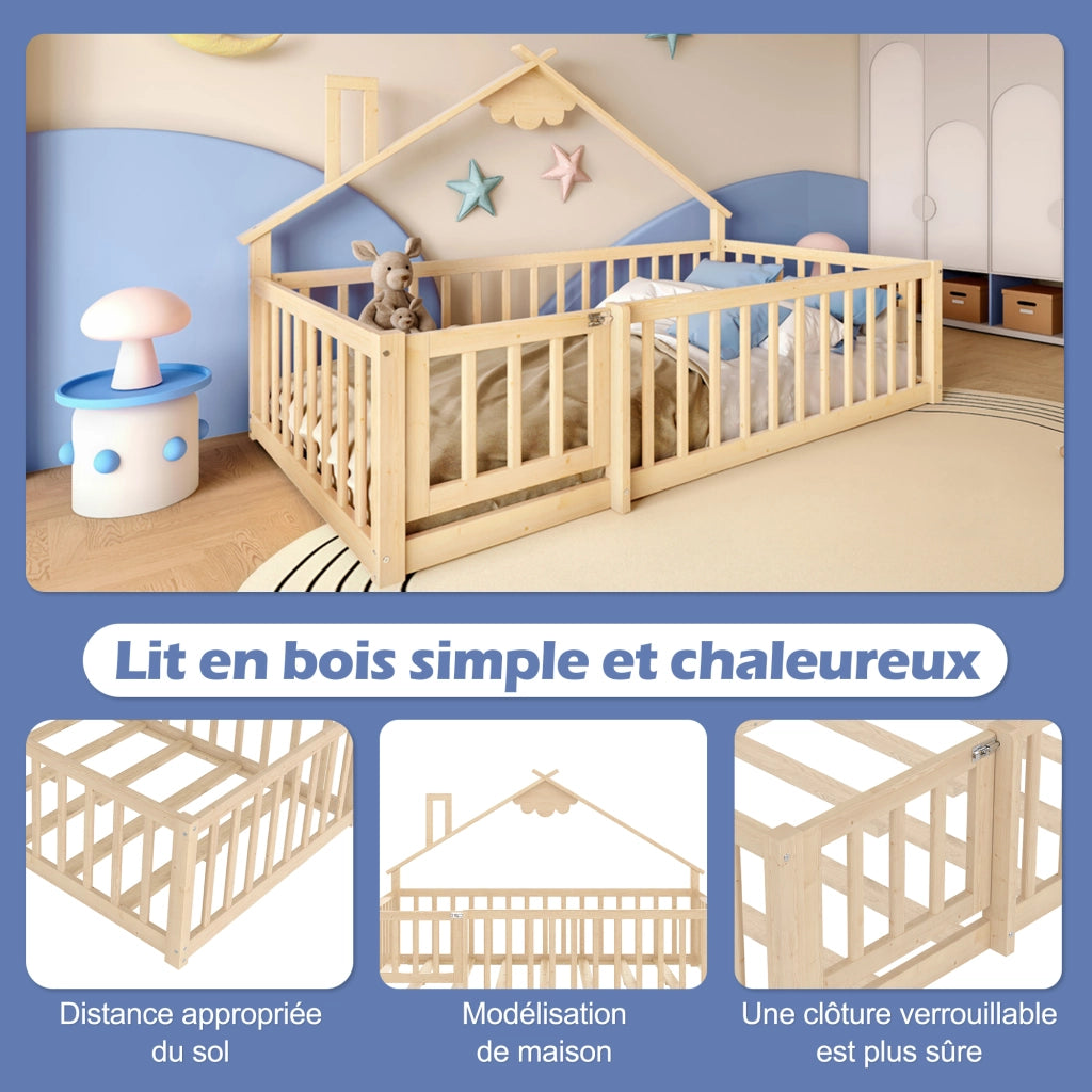 DESMIU Letto casetta letto per bambini 1 posto con barriera di sicurezza, 90 × 190 cm, senza materasso, pino