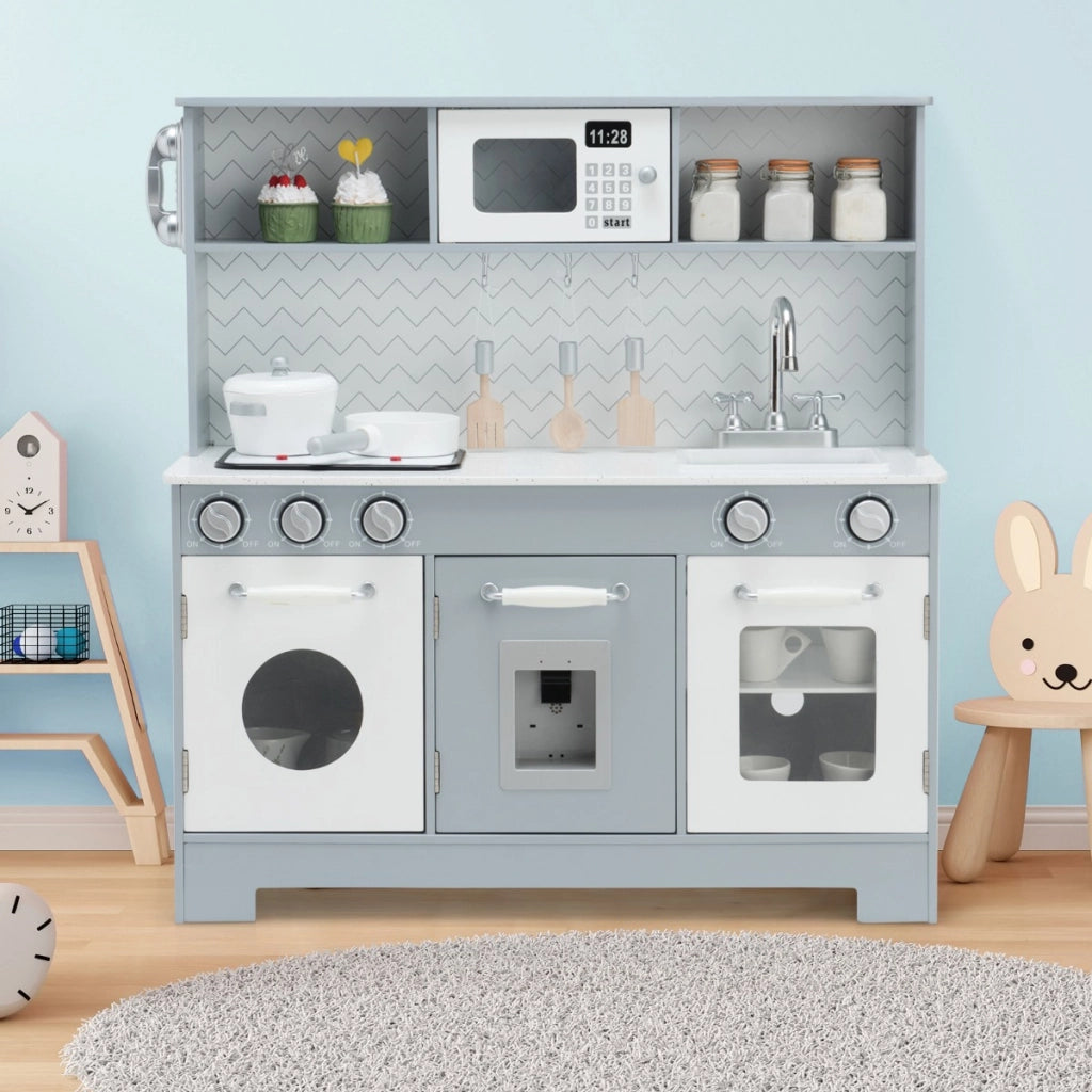 Cucina giocattolo in legno per bambini con utensili accessori lavandino telefono, Set di cucina finta Grigio-Cucine giocattoli