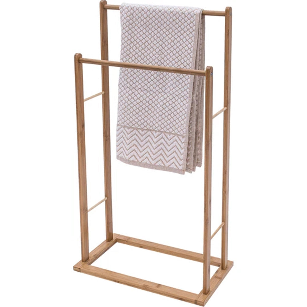 Trade Shop - Portasciugamani Da Terra In Bamboo Stand 2 Posti Per Accappatoi Teli Bagno Salvaspazio -
