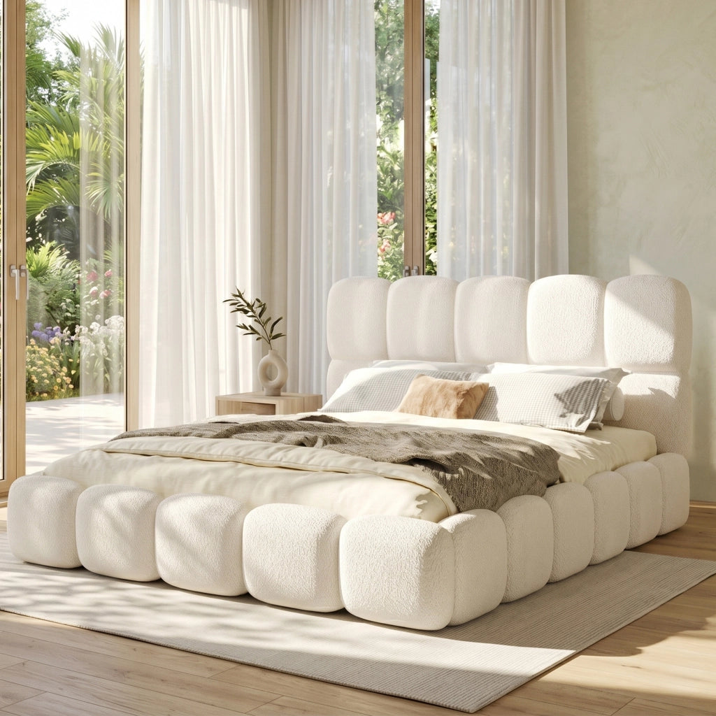 Letto imbottito 180 × 200 cm con contenitore idraulico e rete a doghe inclusa in bouclé bianco