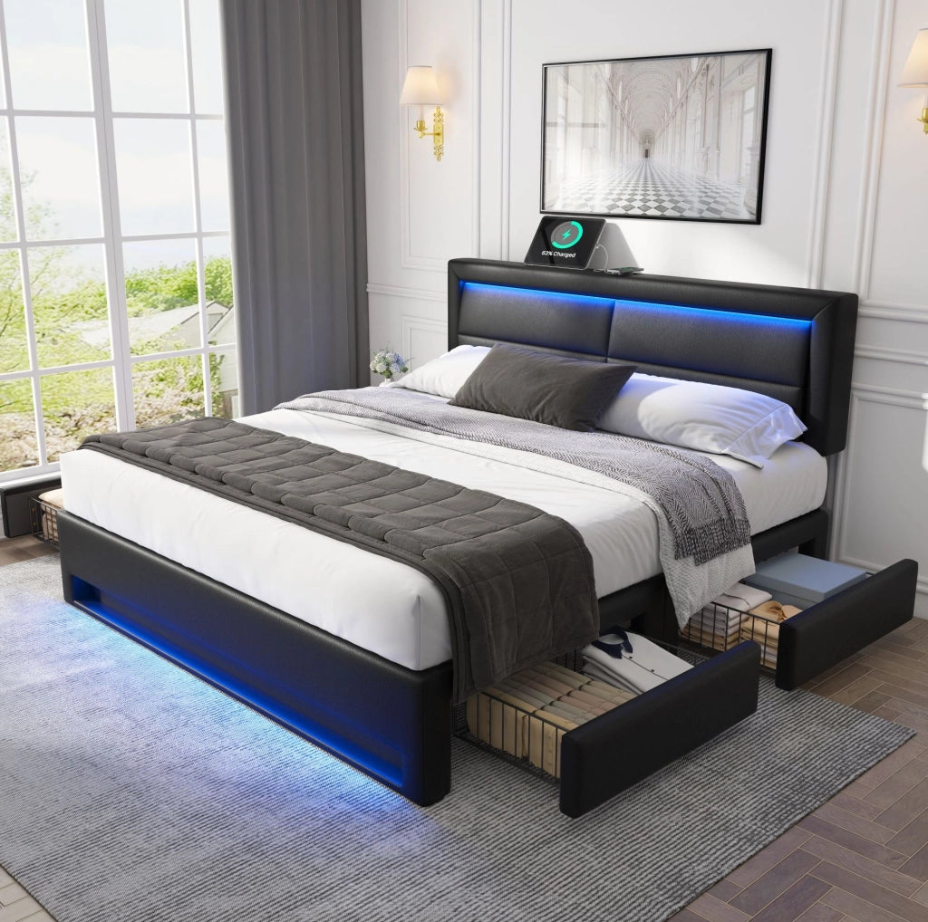 Letto imbottito 140x200 cm con LED, USB e 4 cassetti nero