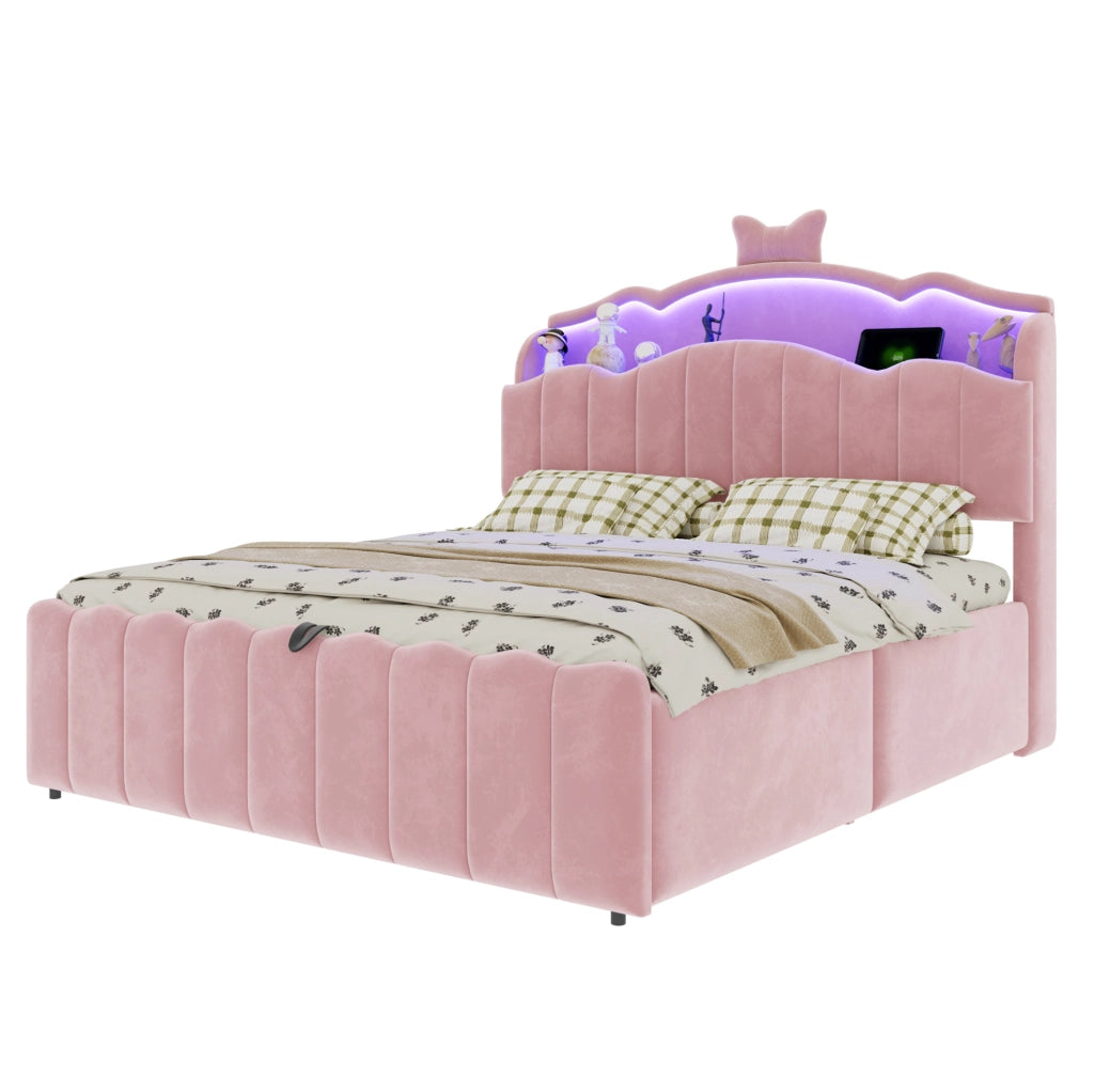 Letto imbottito per bambini 140x200 cm in velluto rosa con contenitore; LED e USB